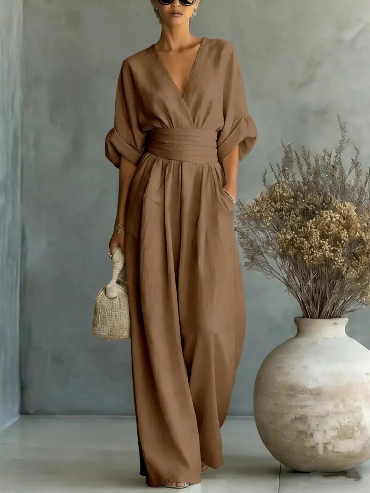 Flowy V-Neck Wide-Leg Jumpsuit with Waist Tie