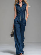 Women's Casual 100% Cotton Zip-up Denim Jumpsuit