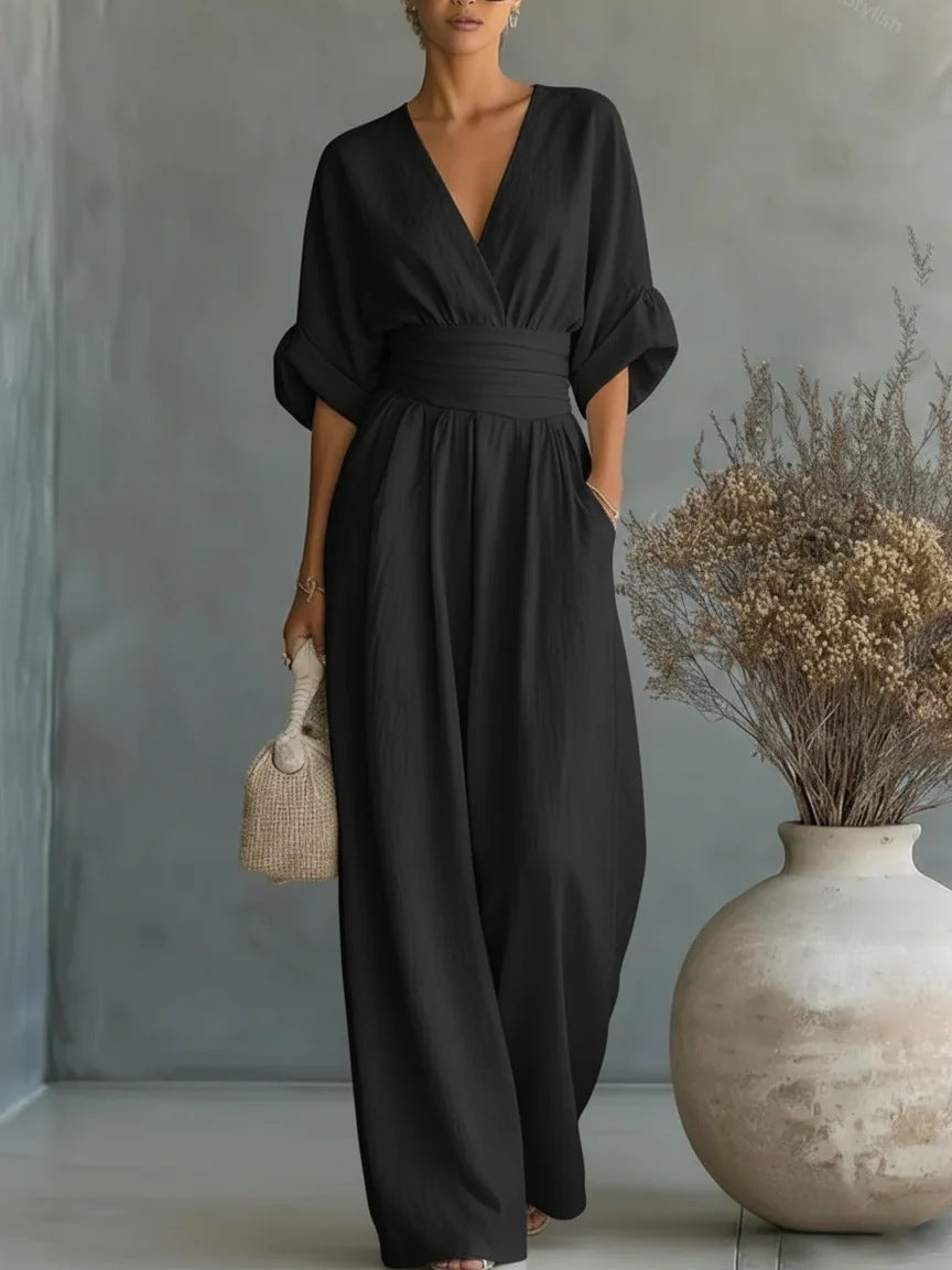 Flowy V-Neck Wide-Leg Jumpsuit with Waist Tie