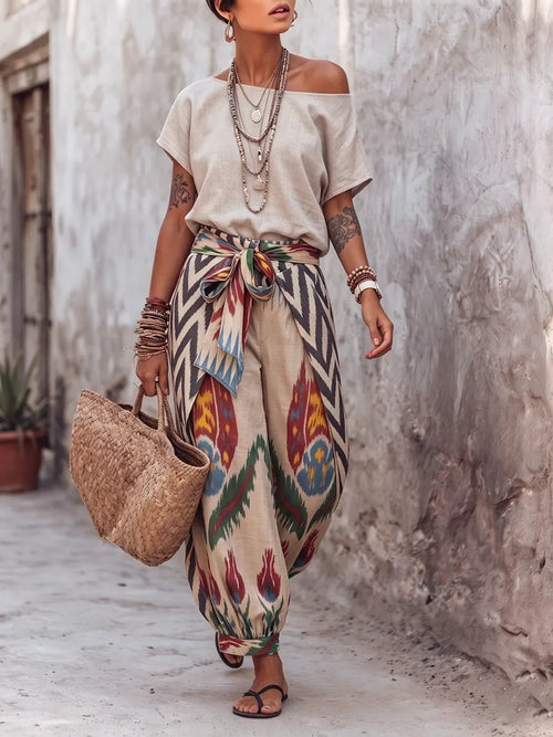 Boho Off-shoulder Top And Ikat Wrap Harem Pants Two-piece Set