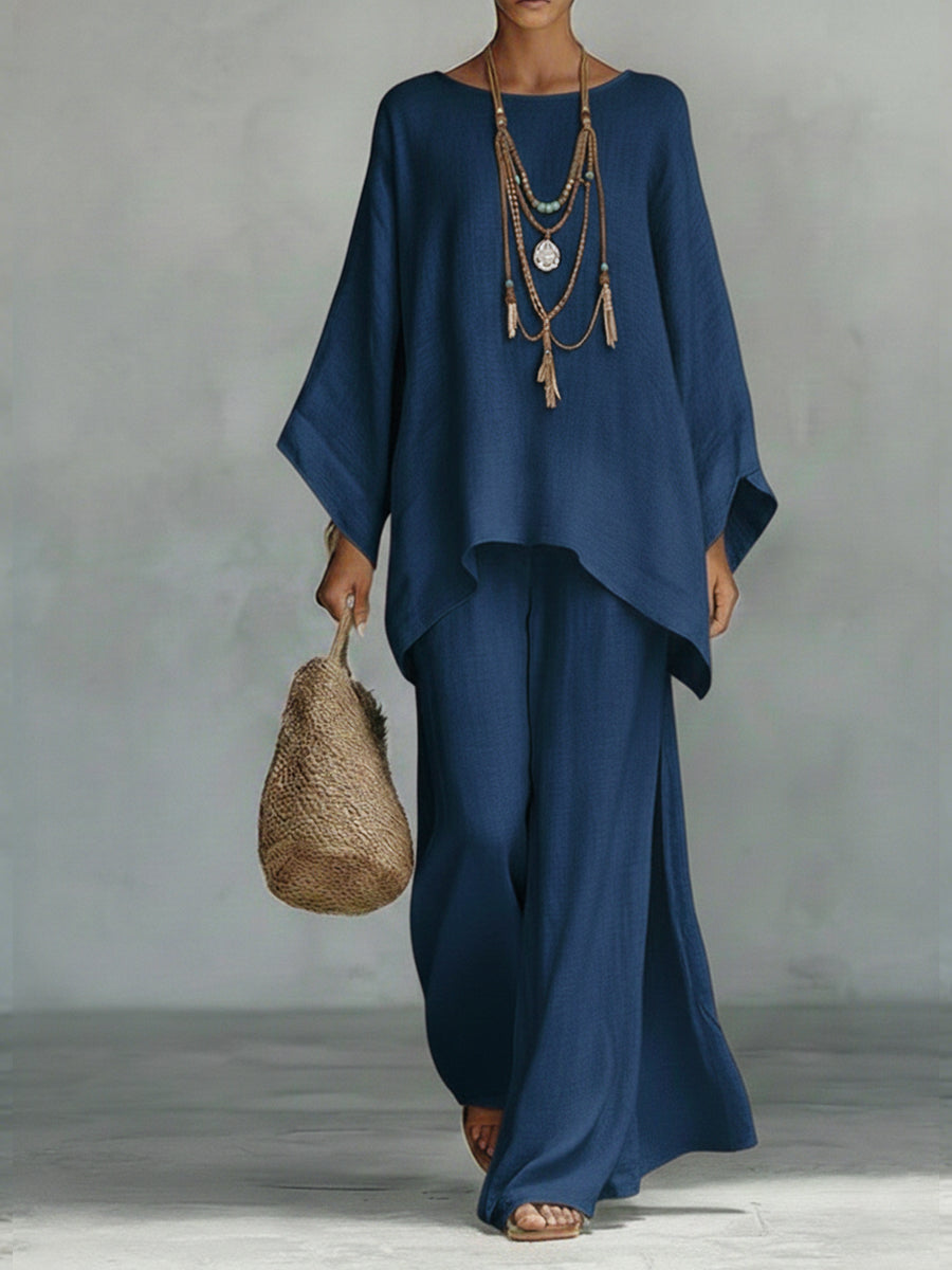 Women's Comfortable, Loose-fitting Linen And Cotton Top And Wide-leg Pants Two-piece Set.