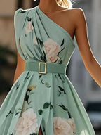 Light Green Floral Ruched One Shoulder A-Line Maxi Chiffon Dress