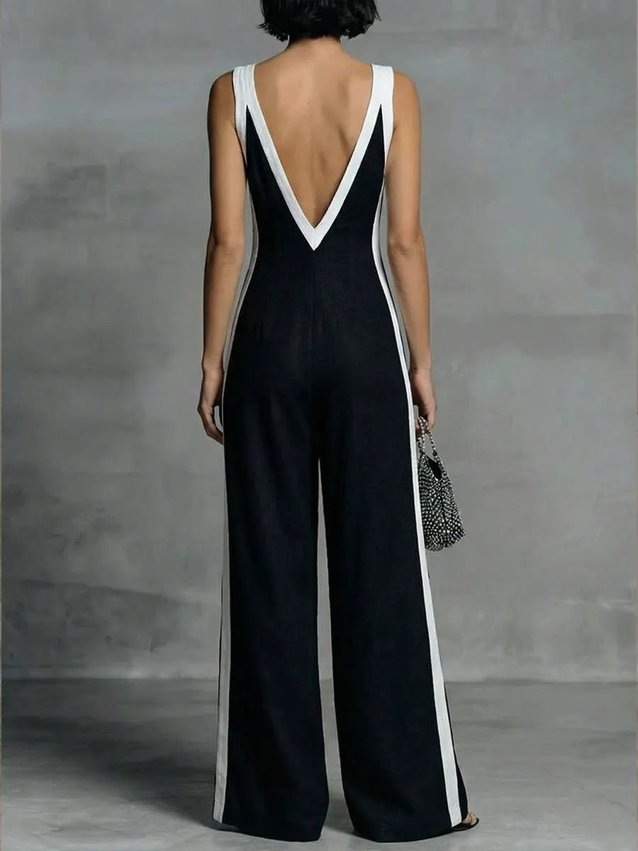 Patchwork Linen And Cotton Sleeveless Jumpsuit