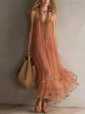 Dusty Pink And Gold Trim Halter-neck Ruffled Maxi Dress