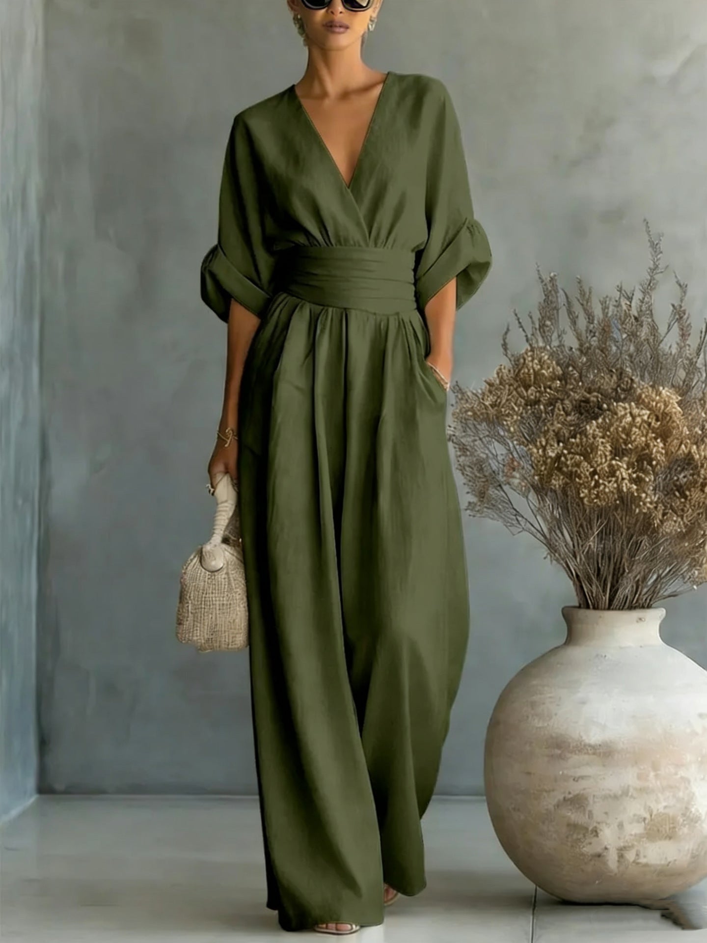 Flowy V-Neck Wide-Leg Jumpsuit with Waist Tie