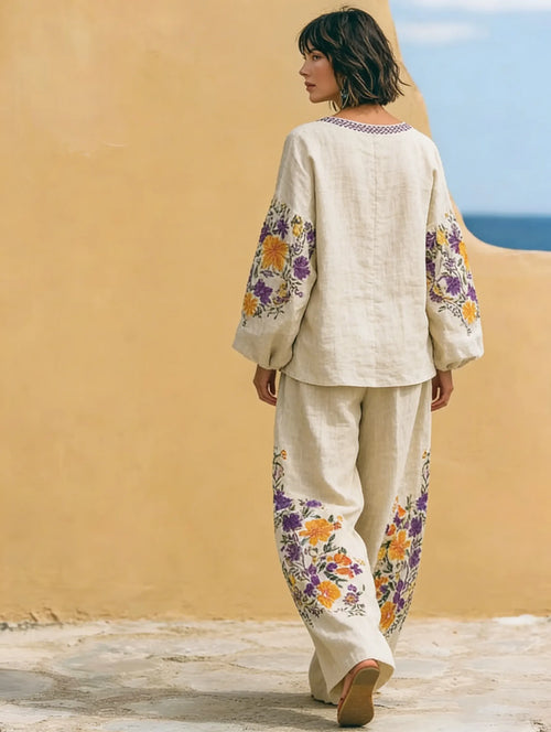 Boho Vintage Bouquet Print Loose Cotton Linen Two-piece Set
