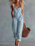 Women's Retro Square-neck Front-zip Denim Jumpsuit