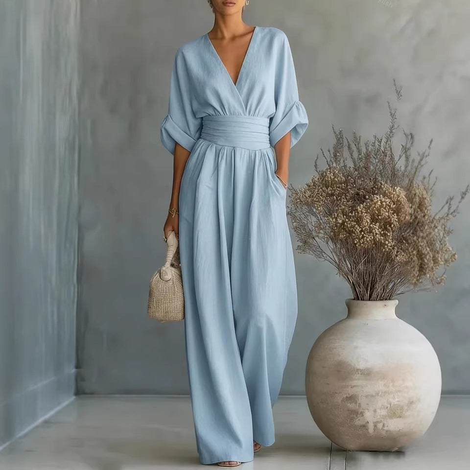 Flowy V-Neck Wide-Leg Jumpsuit with Waist Tie