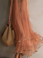 Dusty Pink And Gold Trim Halter-neck Ruffled Maxi Dress