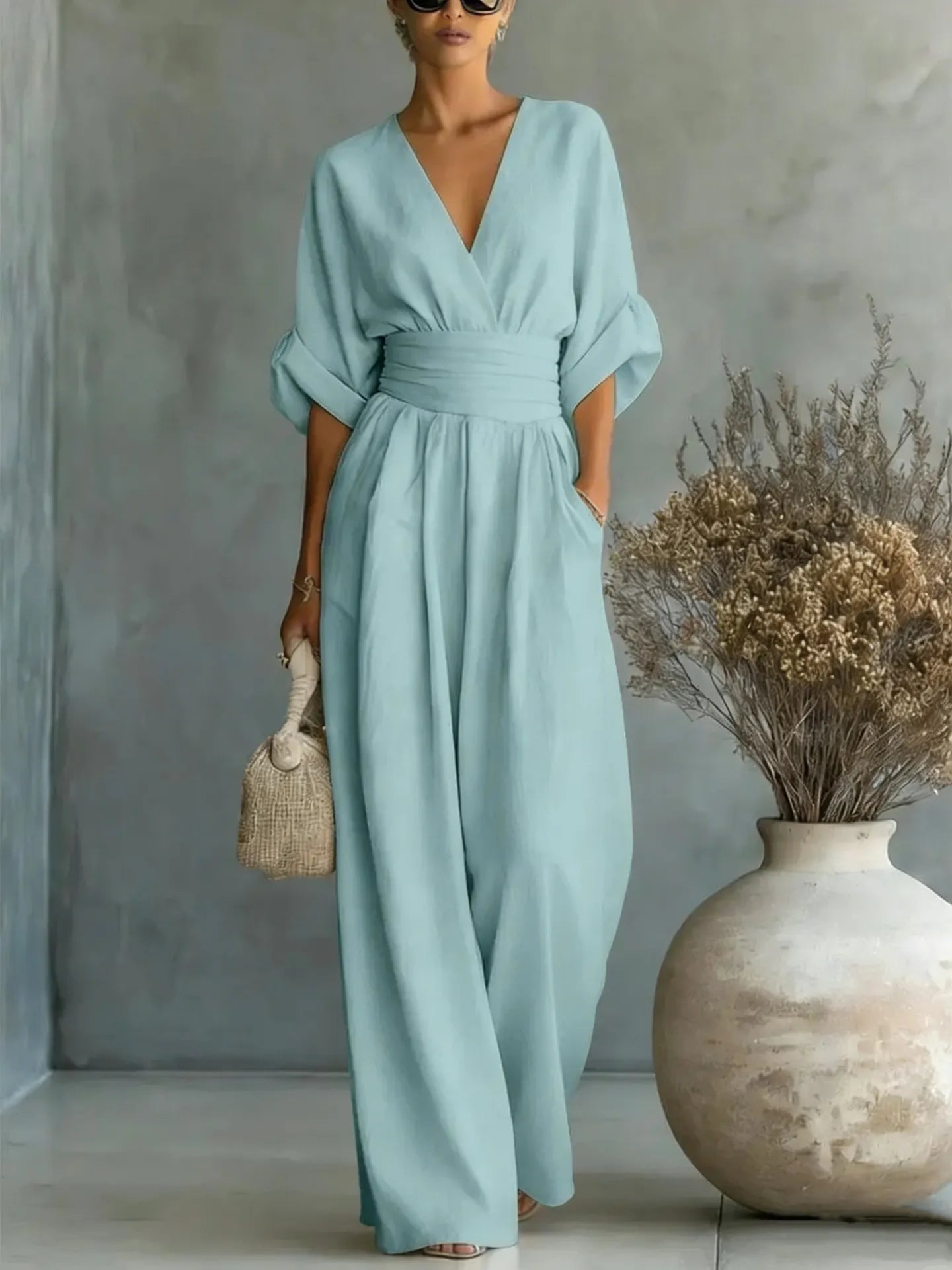 Flowy V-Neck Wide-Leg Jumpsuit with Waist Tie