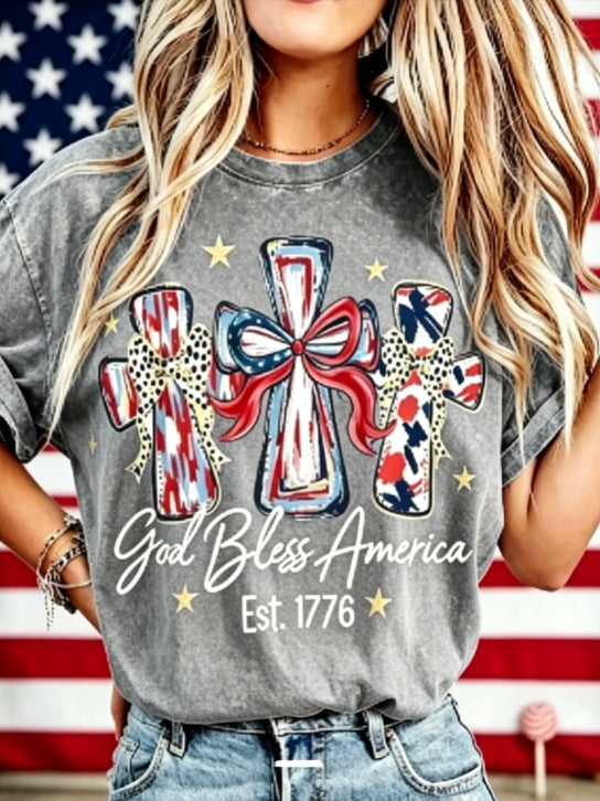 Women's God Bless America T-Shirt – Retro Patriotic 4th of July Graphic Tee, Vintage Washed Lightweight Cotton USA Country Pride Top