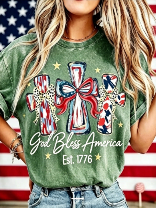 Women's God Bless America T-Shirt – Retro Patriotic 4th of July Graphic Tee, Vintage Washed Lightweight Cotton USA Country Pride Top