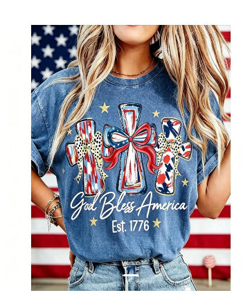 Women's God Bless America T-Shirt – Retro Patriotic 4th of July Graphic Tee, Vintage Washed Lightweight Cotton USA Country Pride Top