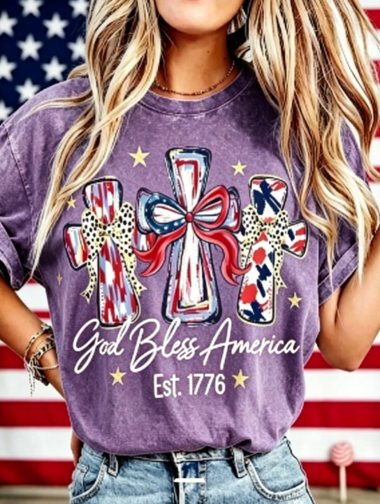 Women's God Bless America T-Shirt – Retro Patriotic 4th of July Graphic Tee, Vintage Washed Lightweight Cotton USA Country Pride Top