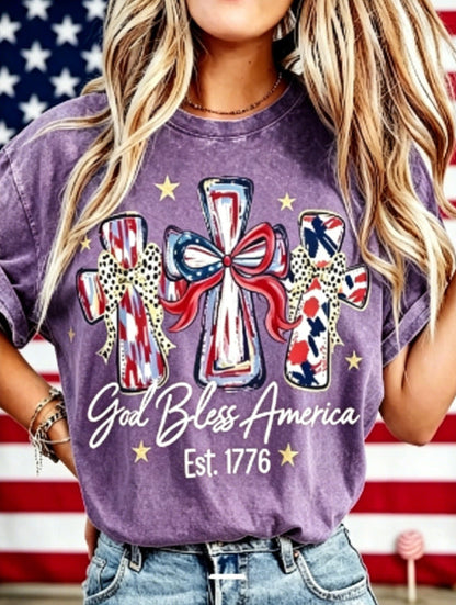 Women's God Bless America T-Shirt – Retro Patriotic 4th of July Graphic Tee, Vintage Washed Lightweight Cotton USA Country Pride Top