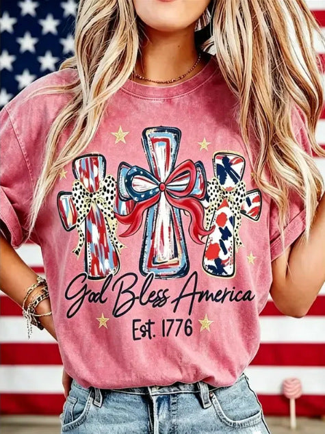 Women's God Bless America T-Shirt – Retro Patriotic 4th of July Graphic Tee, Vintage Washed Lightweight Cotton USA Country Pride Top