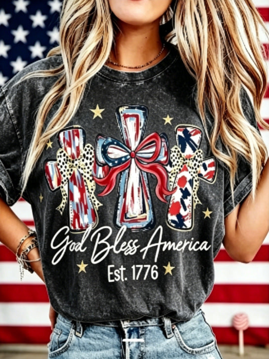 Women's God Bless America T-Shirt – Retro Patriotic 4th of July Graphic Tee, Vintage Washed Lightweight Cotton USA Country Pride Top