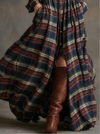 Retro plaid lapel long-sleeved maxi dress (including belt)