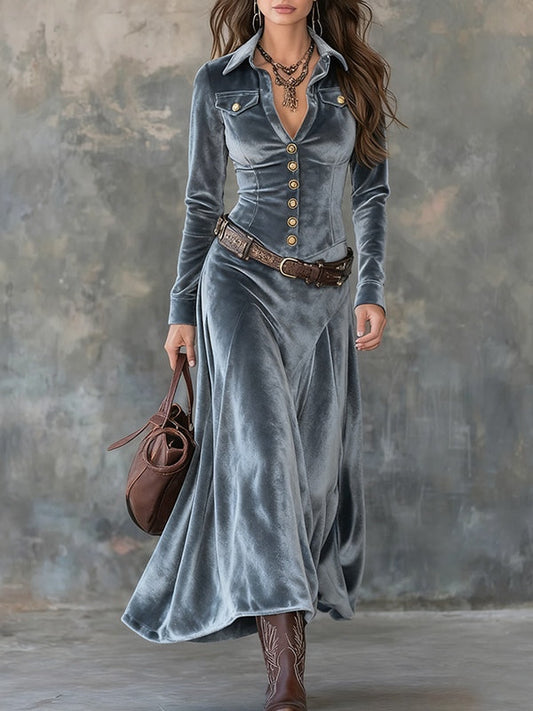 Gray Velvet Lapel Metal Button-down Maxi Dress( (with belt)