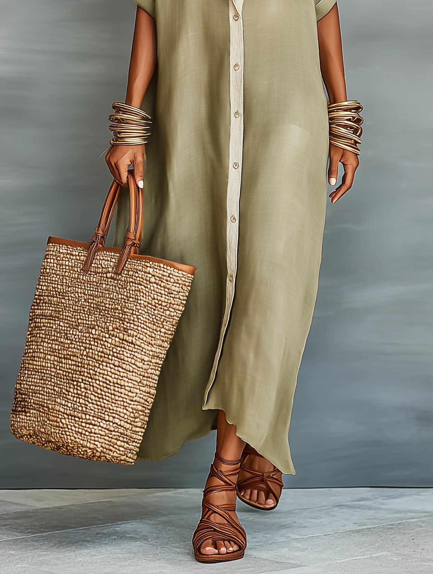 Olive Green Minimalist Patchwork Short-sleeved Shirt Maxi Dress