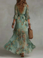 Grass Green Chiffon Irregular Ruffled Slit Maxi Dress