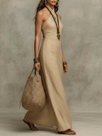 Soft Drape Halter Column Faux Linen Halter Maxi Dress