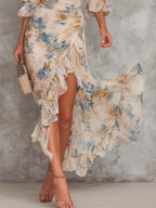 Beige Turtleneck Oil Painting Floral Print Irregular Chiffon Maxi Dress
