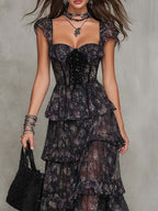 Gothic Floral Corset Tiered Chiffon Maxi Dress
