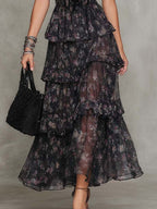 Gothic Floral Corset Tiered Chiffon Maxi Dress