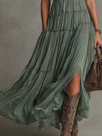 Sage Green Pleated Chiffon V-neck Flowing Maxi Dress