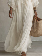 White Lace V-neck Batwing Sleeve Chiffon Maxi Dress