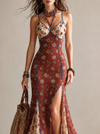 Rust-red Floral Print Chiffon High-slit Spaghetti Strap Maxi Dress