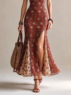 Rust-red Floral Print Chiffon High-slit Spaghetti Strap Maxi Dress