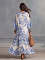 Blue White Floral Print V-neck Batwing Sleeve Kaftan Resort Maxi Dress