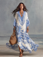 Blue White Floral Print V-neck Batwing Sleeve Kaftan Resort Maxi Dress