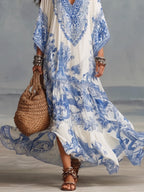 Blue White Floral Print V-neck Batwing Sleeve Kaftan Resort Maxi Dress