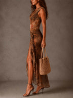 Brown Draped High-neck Floral Mesh Tie-front Maxi Dress