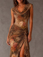 Brown Draped High-neck Floral Mesh Tie-front Maxi Dress