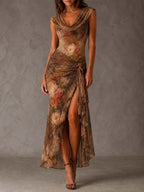Brown Draped High-neck Floral Mesh Tie-front Maxi Dress