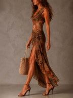 Brown Draped High-neck Floral Mesh Tie-front Maxi Dress
