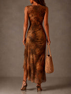 Brown Draped High-neck Floral Mesh Tie-front Maxi Dress