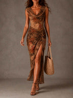 Brown Draped High-neck Floral Mesh Tie-front Maxi Dress