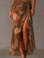 Brown Draped High-neck Floral Mesh Tie-front Maxi Dress