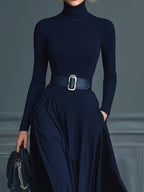 Dark Blue Knitted High-neck Dress（No belt）