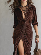 Vintage Button-stitched Pleated Velvet Midi Dress