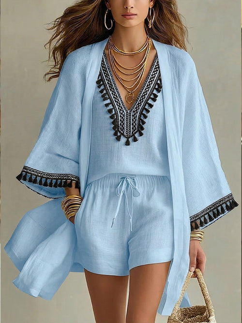 Casual Bohemian Linen And Cotton Cardigan, Sleeveless Top, And Shorts Three-piece Set
