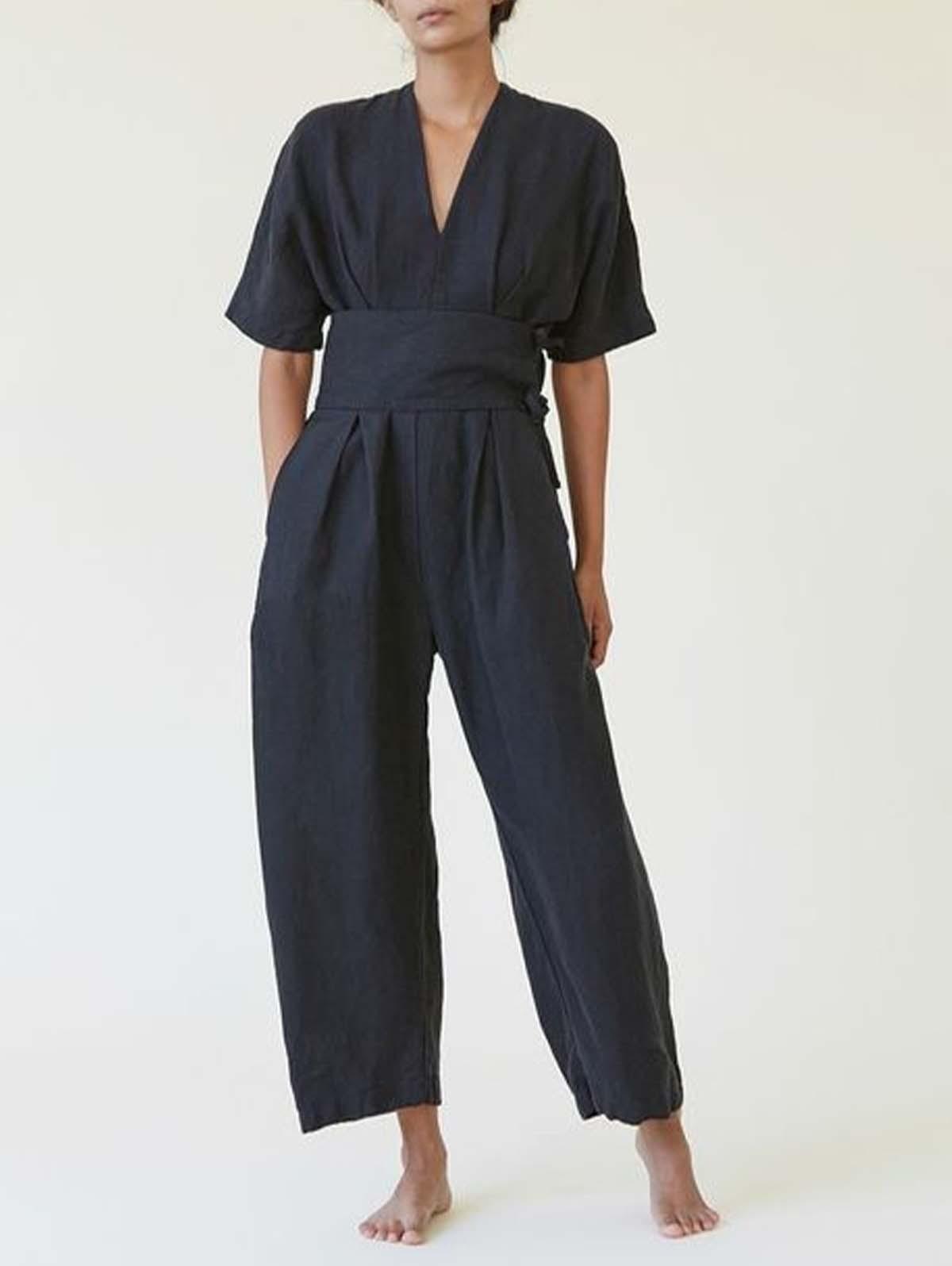 New Casual Age-reducing Western Style Retro Belted Linen Jumpsuit