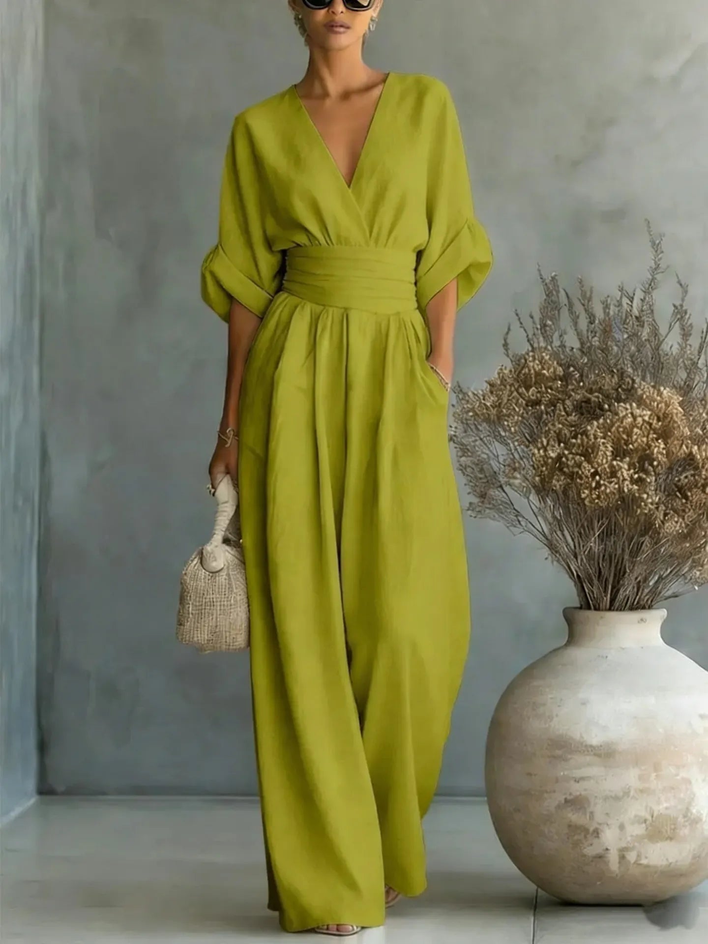 Flowy V-Neck Wide-Leg Jumpsuit with Waist Tie