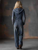 Retro Front Zipper Gray-blue Denim Hooded Jumpsuit