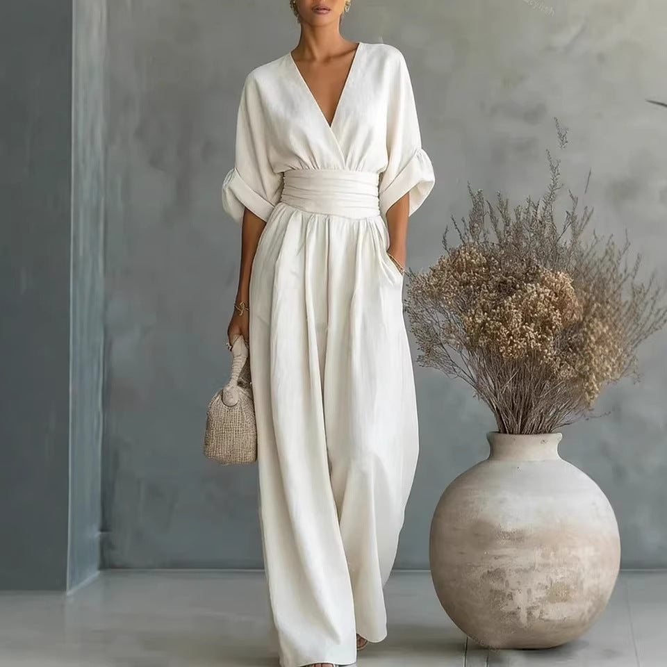 Flowy V-Neck Wide-Leg Jumpsuit with Waist Tie